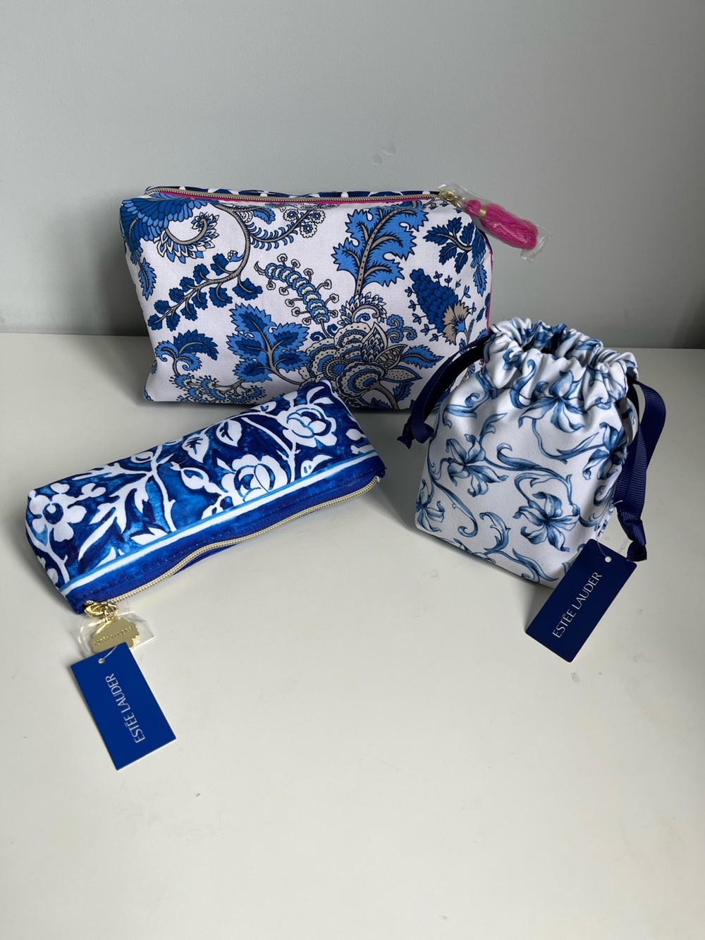 Estee Lauder Blue Floral Cosmetic Pouch Set - 3 Piece